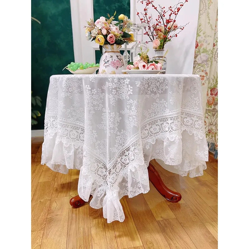 Round White Lace Table Cloth Yarn Dining Table Cover Romantic French Embroidered Tablecloth Tea Table Juppe Wedding Decoration