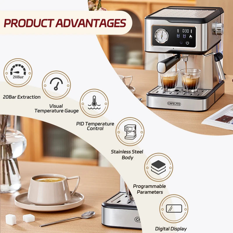 Cafelffe 2025 Espresso Coffee Machine Stainless Steel with Milk Frother & Steam Wand | Semi-Automatic Cappuccino Maker | 20Bar Pressure | Cafetera