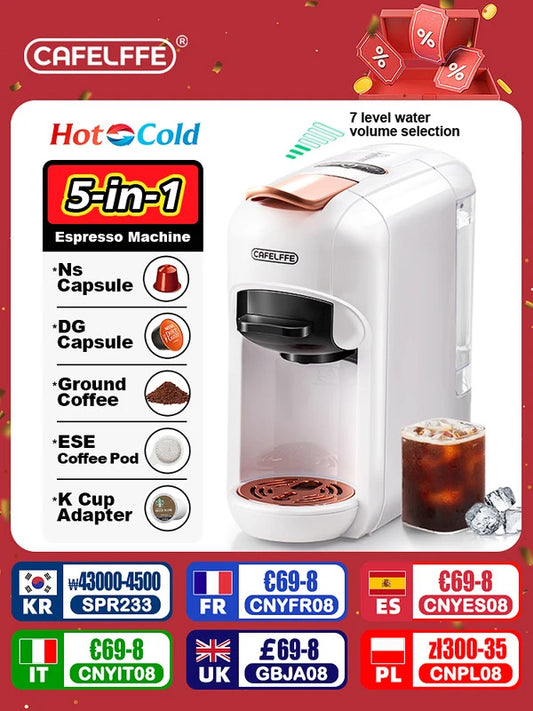 5-in-1 Coffee Machinefor Dolce Gusto, Nespresso, ESE Pods, Ground Coffee, and K-cups | 19Bar Hot & Cold Coffee Maker