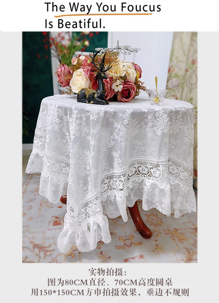 Round White Lace Table Cloth Yarn Dining Table Cover Romantic French Embroidered Tablecloth Tea Table Juppe Wedding Decoration