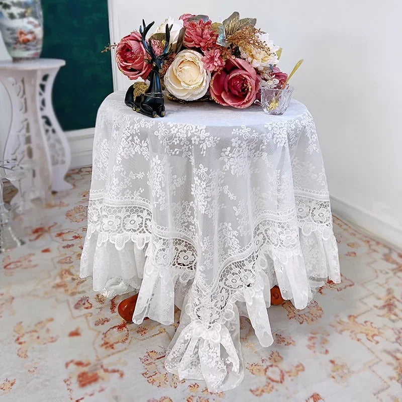Round White Lace Table Cloth Yarn Dining Table Cover Romantic French Embroidered Tablecloth Tea Table Juppe Wedding Decoration
