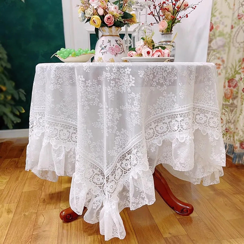 Round White Lace Table Cloth Yarn Dining Table Cover Romantic French Embroidered Tablecloth Tea Table Juppe Wedding Decoration