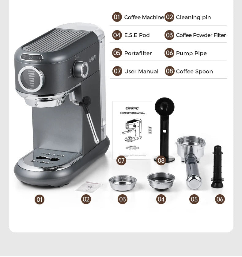 2025Cafelffe Coffee Maker 19Bar Inox Semi Automatic Super Slim ESE POD&Powder Espresso Cappuccino Machine Stainless Steel Cold/Hot2025