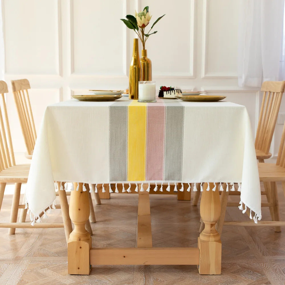 Cotton Linen Stripe Waterproof Rectangular Table Clothe