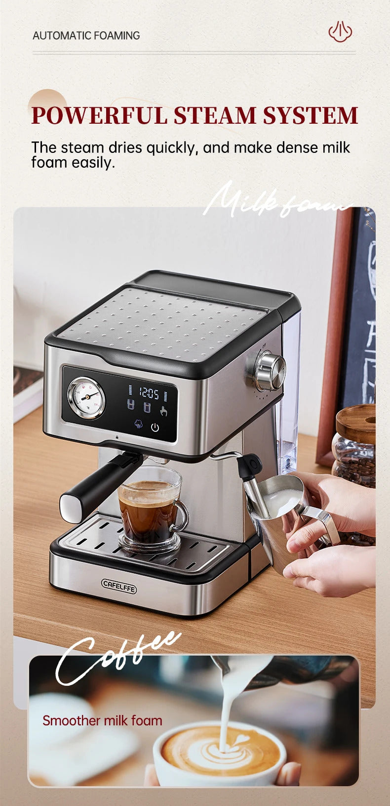 Cafelffe 2025 Espresso Coffee Machine Stainless Steel with Milk Frother & Steam Wand | Semi-Automatic Cappuccino Maker | 20Bar Pressure | Cafetera