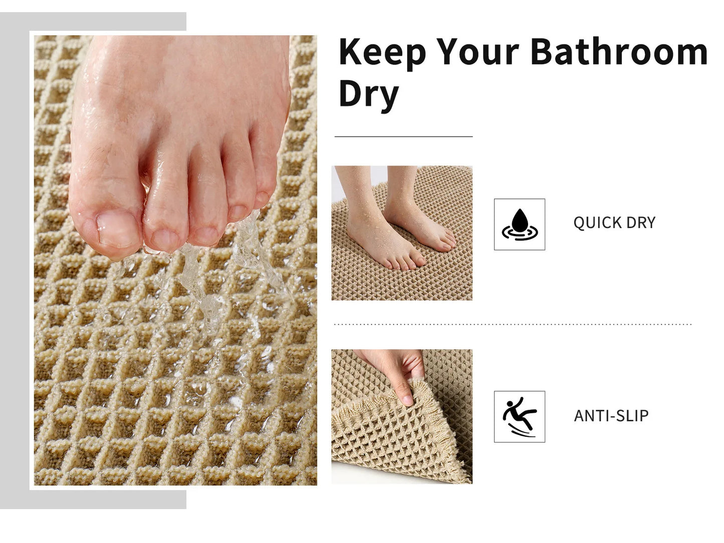 Polyester-cotton Waffle Bath Mat Bathroom Door Mat Anti-slip Foot Mats Water-absorbent, Quick-drying Floor Towel Anti-slip Rug