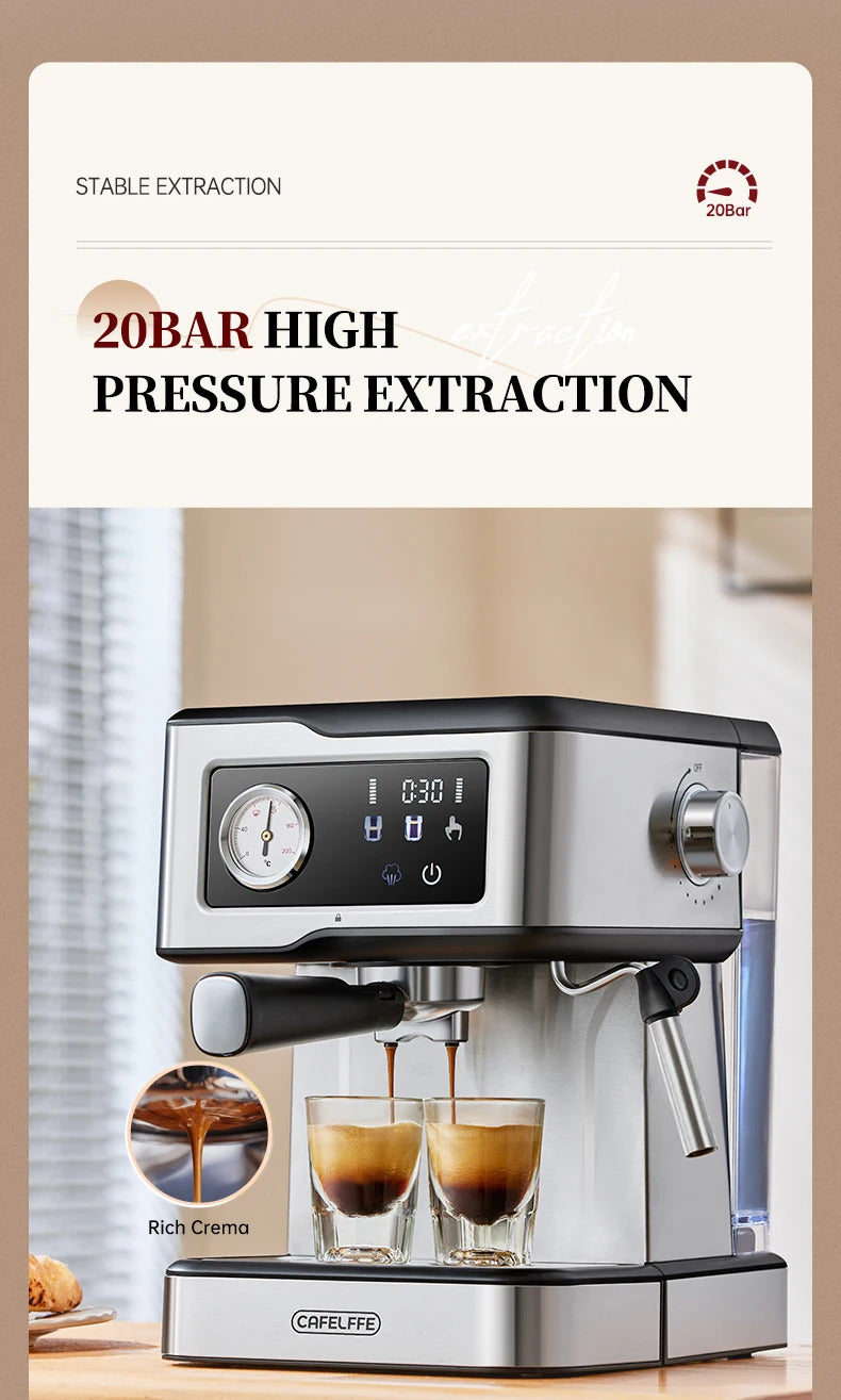 Cafelffe 2025 Espresso Coffee Machine Stainless Steel with Milk Frother & Steam Wand | Semi-Automatic Cappuccino Maker | 20Bar Pressure | Cafetera