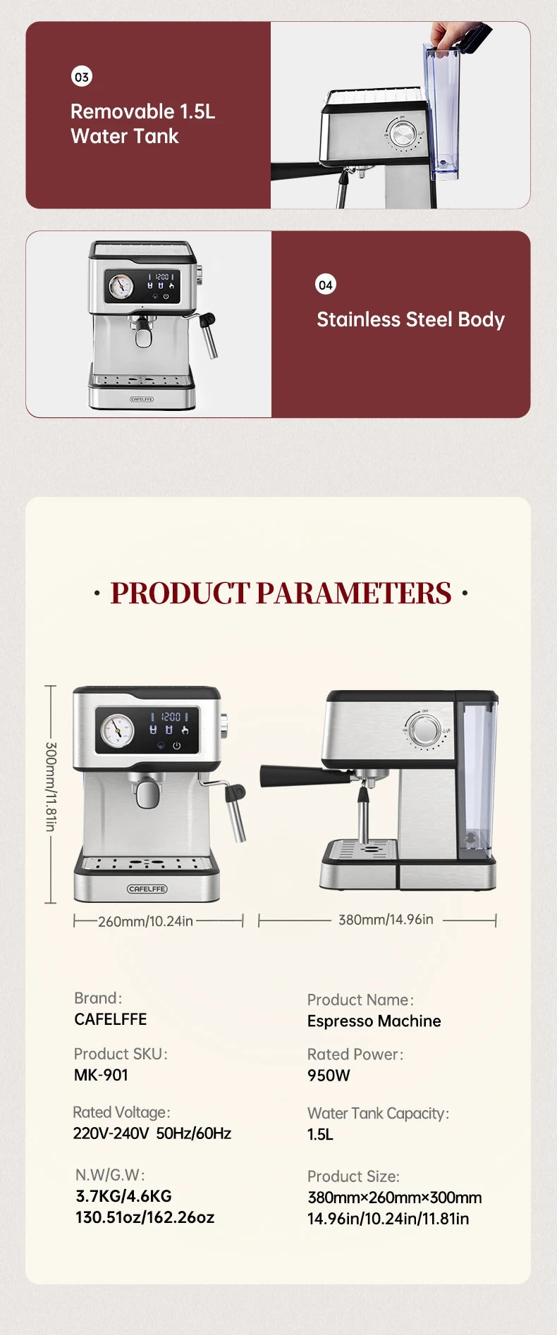 Cafelffe 2025 Espresso Coffee Machine Stainless Steel with Milk Frother & Steam Wand | Semi-Automatic Cappuccino Maker | 20Bar Pressure | Cafetera