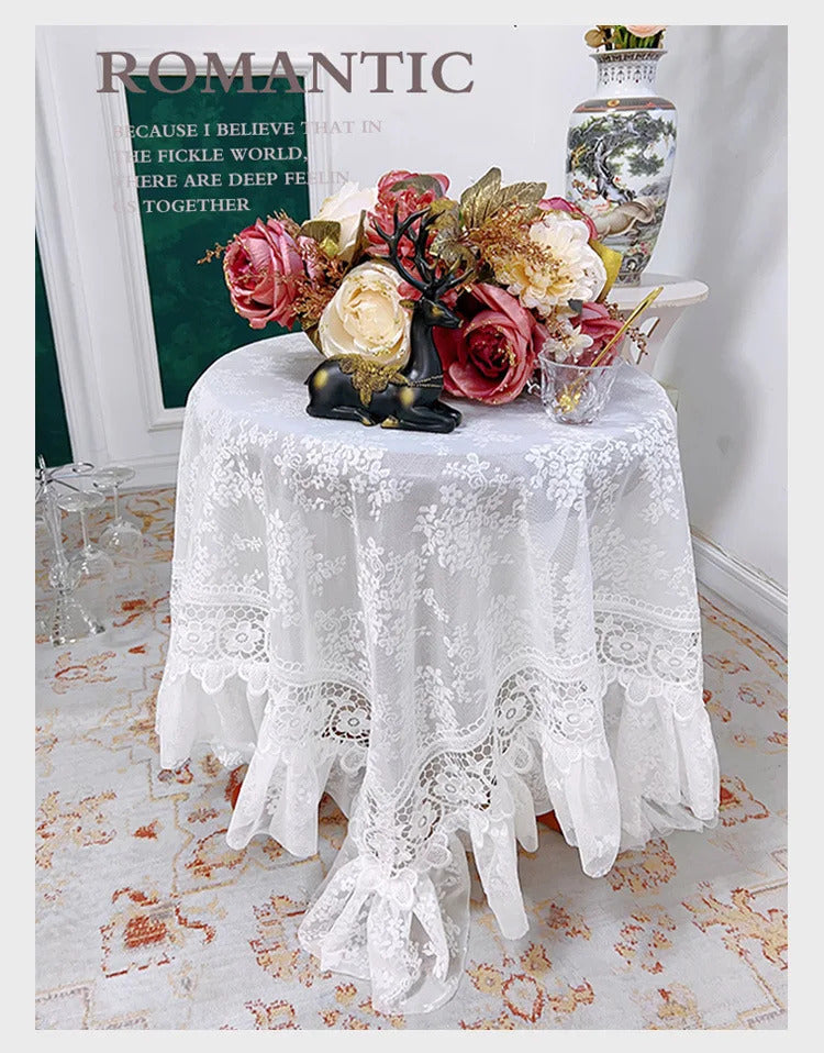 Round White Lace Table Cloth Yarn Dining Table Cover Romantic French Embroidered Tablecloth Tea Table Juppe Wedding Decoration