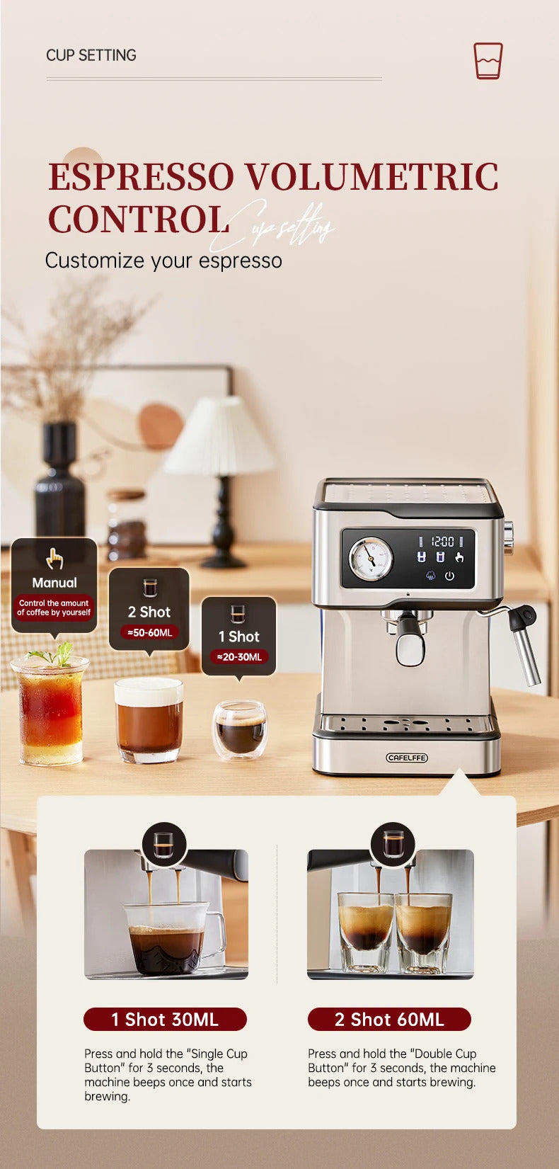 Cafelffe 2025 Espresso Coffee Machine Stainless Steel with Milk Frother & Steam Wand | Semi-Automatic Cappuccino Maker | 20Bar Pressure | Cafetera