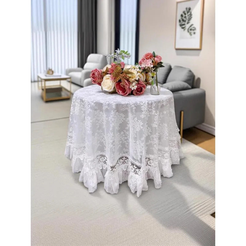 Round White Lace Table Cloth Yarn Dining Table Cover Romantic French Embroidered Tablecloth Tea Table Juppe Wedding Decoration