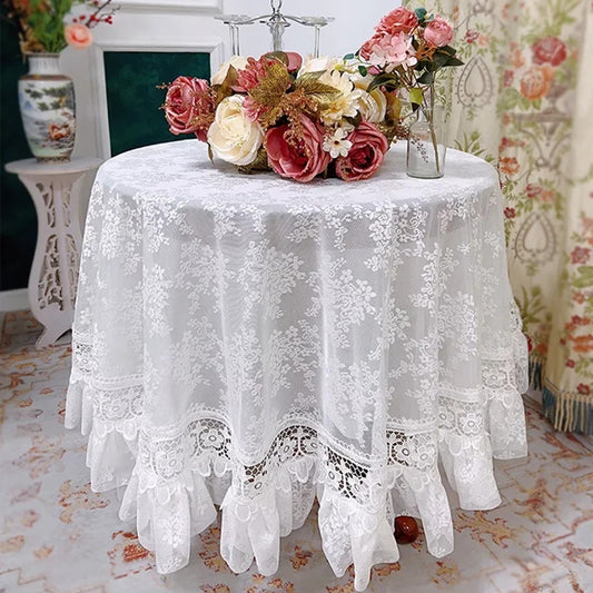 Round White Lace Table Cloth Yarn Dining Table Cover Romantic French Embroidered Tablecloth Tea Table Juppe Wedding Decoration
