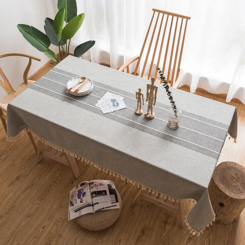 Cotton Linen Stripe Waterproof Rectangular Table Clothe