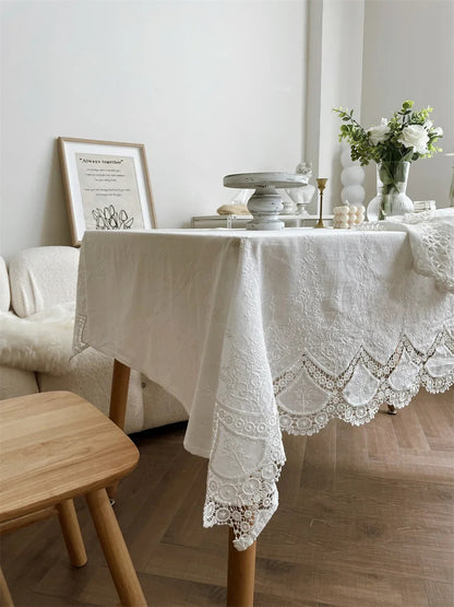 Embroidery 100% Cotton Lace White Flower Tablecloth for Home Wedding Party Decoration Table Cloth Luxurious Table Cover